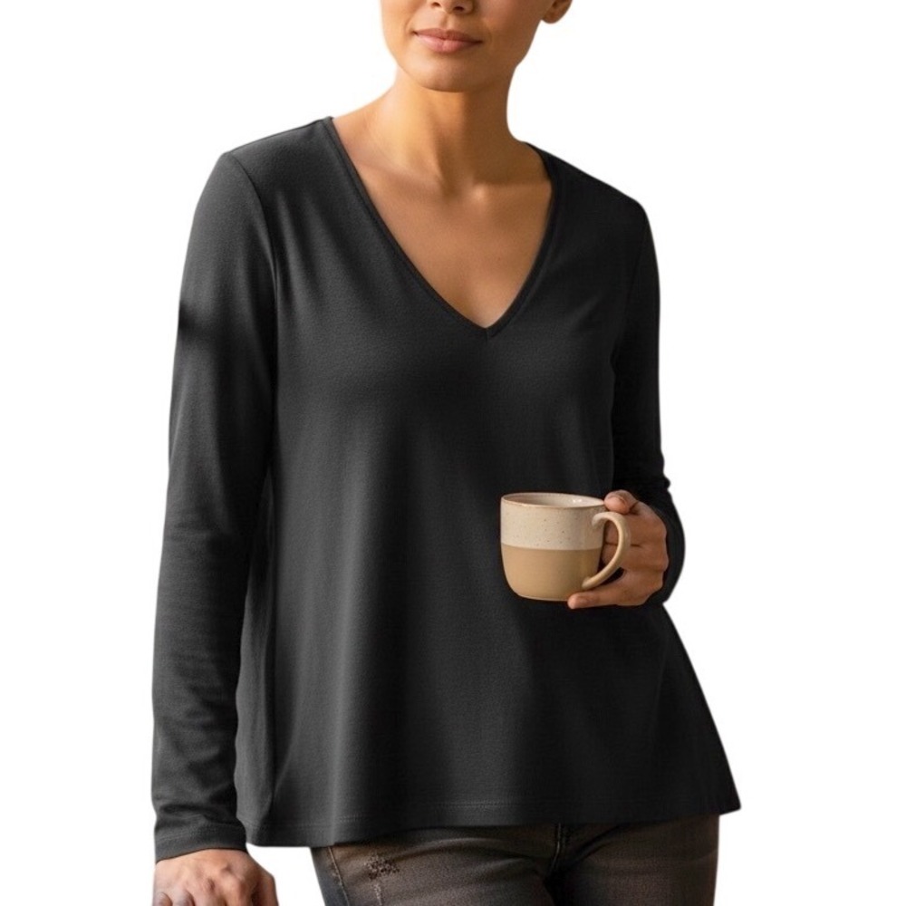 Chico's Top Black 100% Pima Cotton V Neck Long Sleeve Pullover Sz 2 Med 12